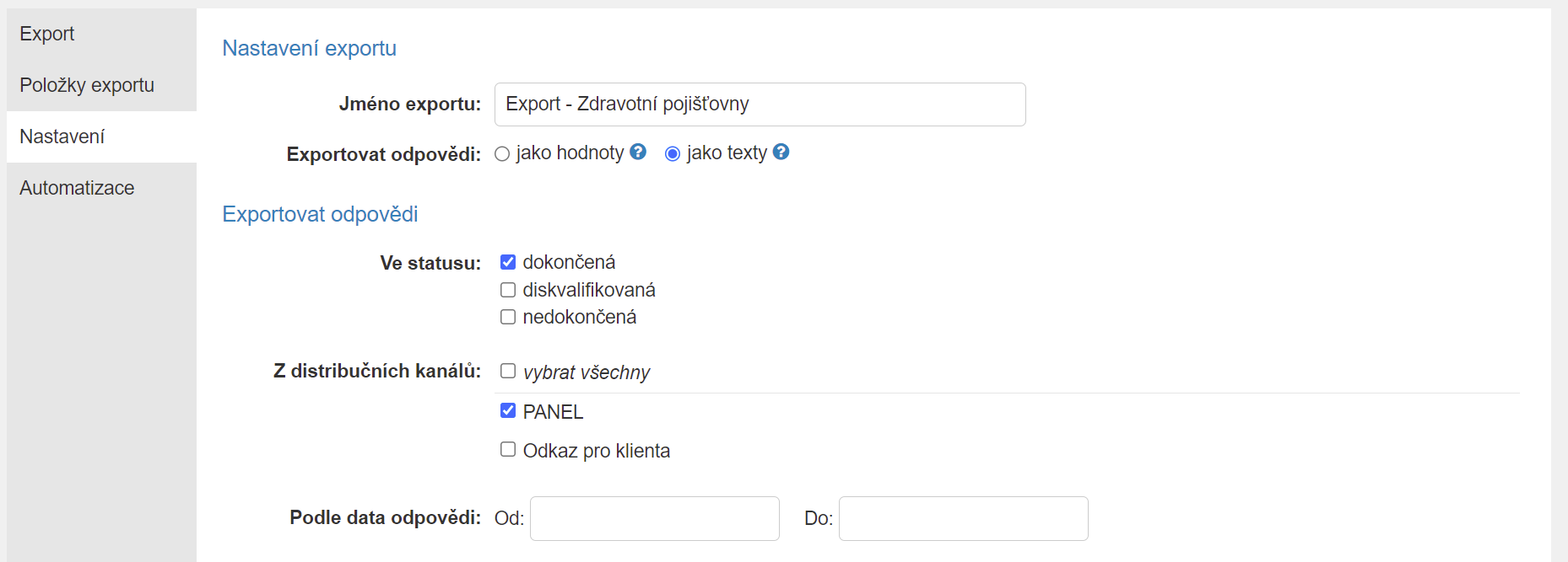 Nastavení exportu