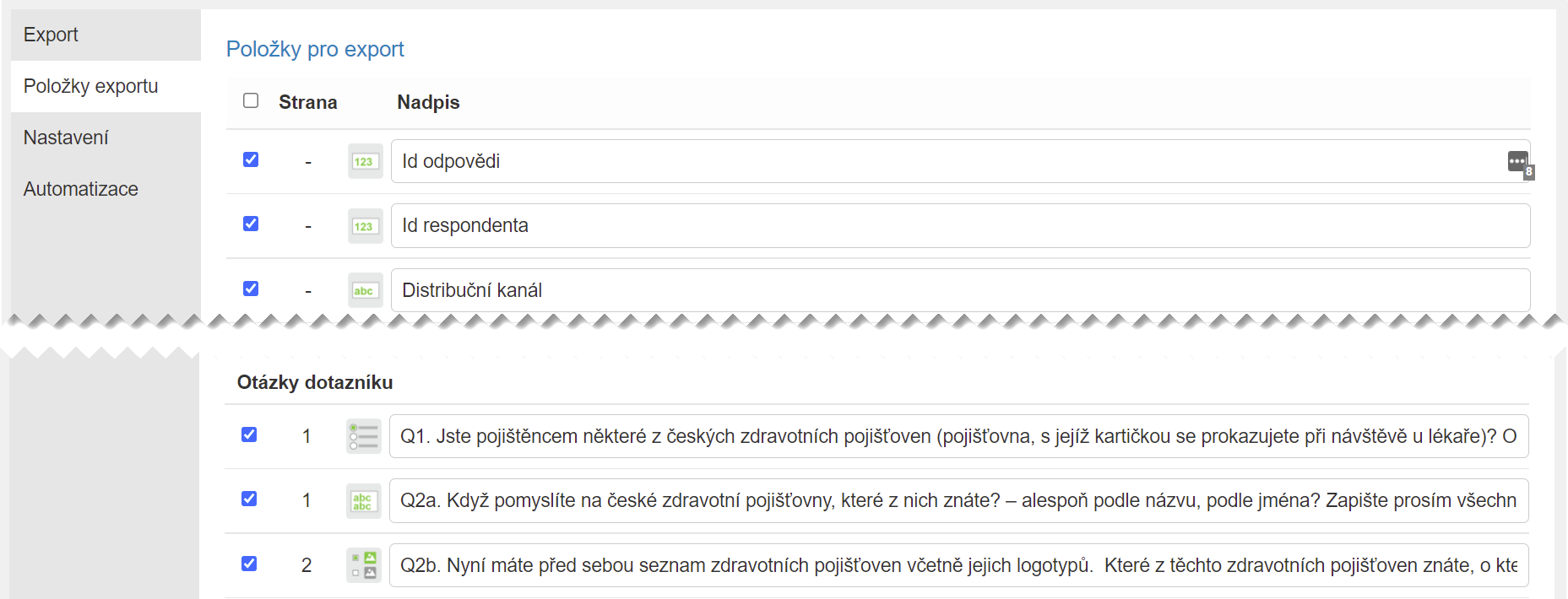 Specifikace a nastavení položek k exportu