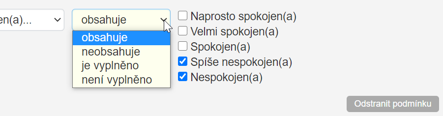 Výběr operace v podmínce filtru