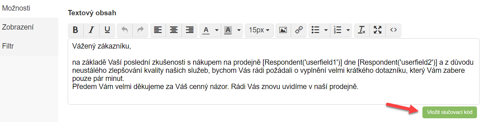Tlačítko pro vložení slučovacího kódu