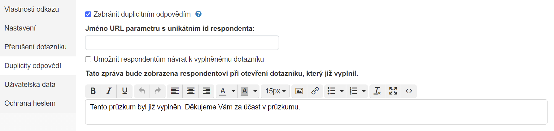 Nastavení kontroly duplicitních odpovědí