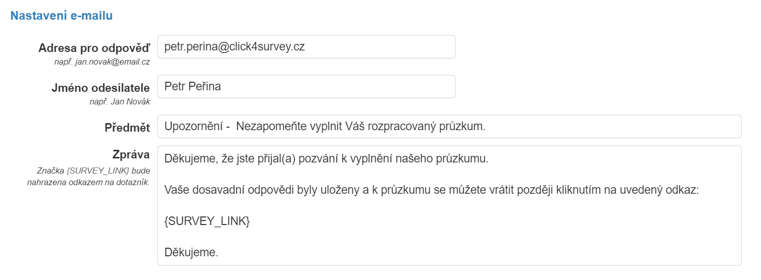 Nastavení e-mailu funkce Přerušení dotazování