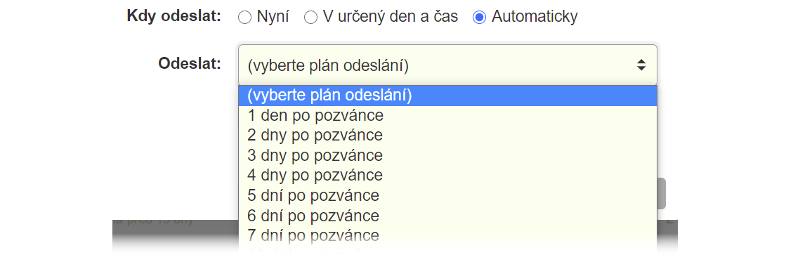 Výběr plánu automatického odesílání připomínky