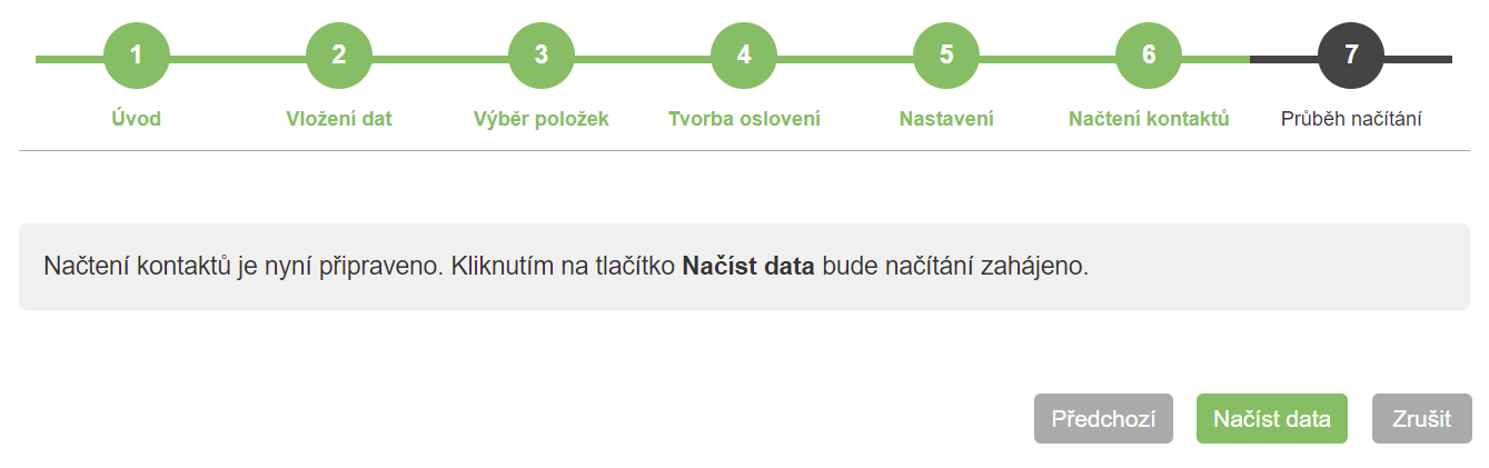Závěrečná stránka průvodce před zahájením načítání dat