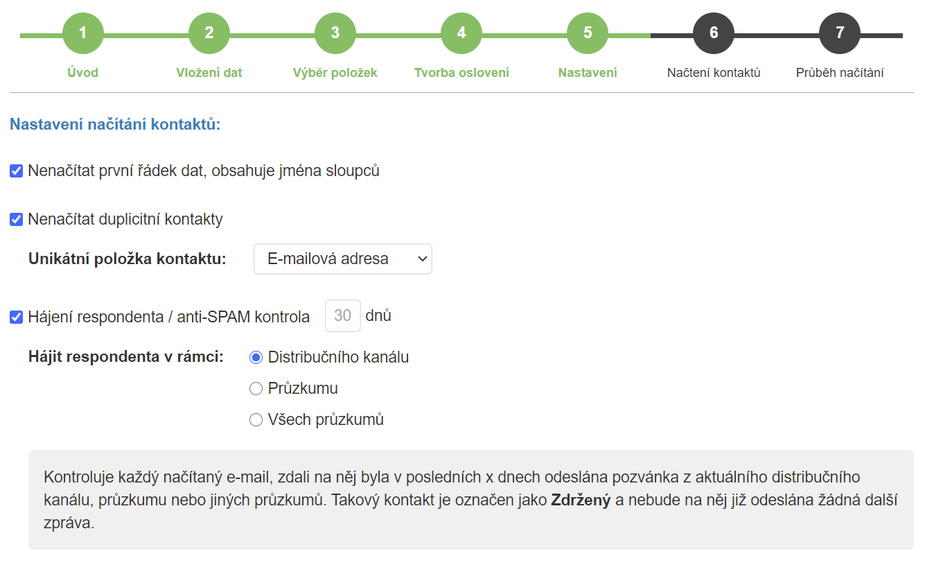 Nastavení načtení kontaktů e-mailové kampaně