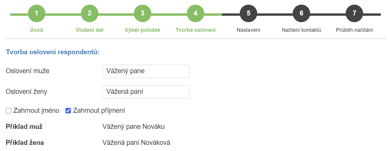 Nastavení pro tvorbu oslovení respondenta