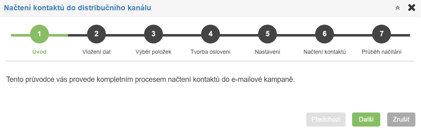 Úvodní stránka hromadného načtení kontaktů