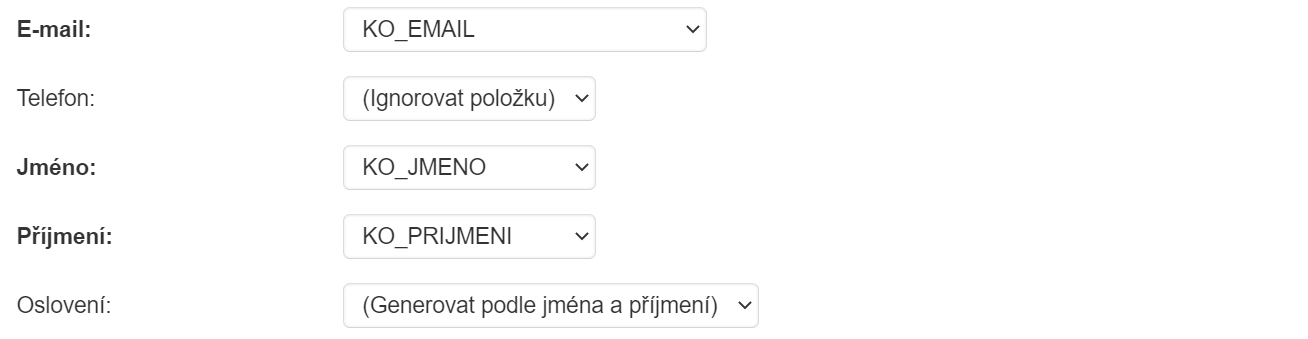 Výběr položek pro tvorbu oslovení