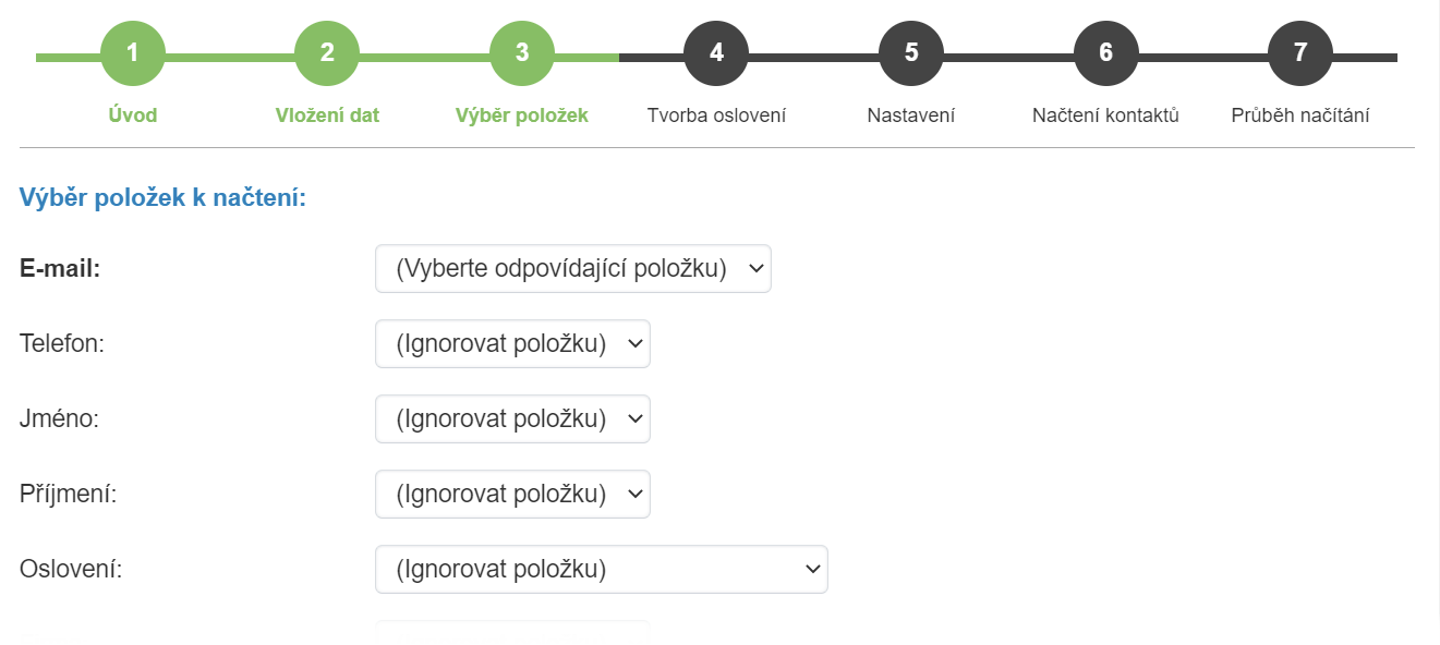 Výběr položek pro spárování načítaných dat s interními položkami kontaktů