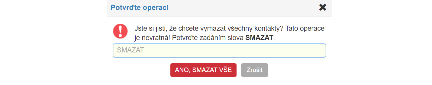 Potvrzení operace mazání všech kontaktů
