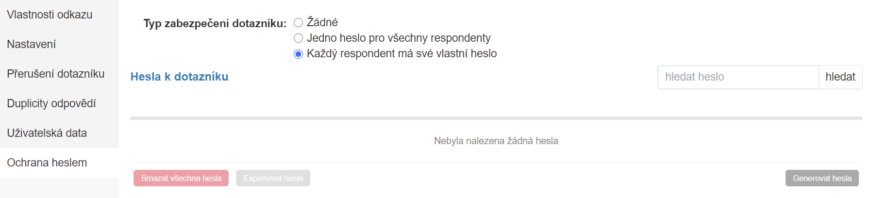 Volba zabezpečení unikátními přístupovými hesly