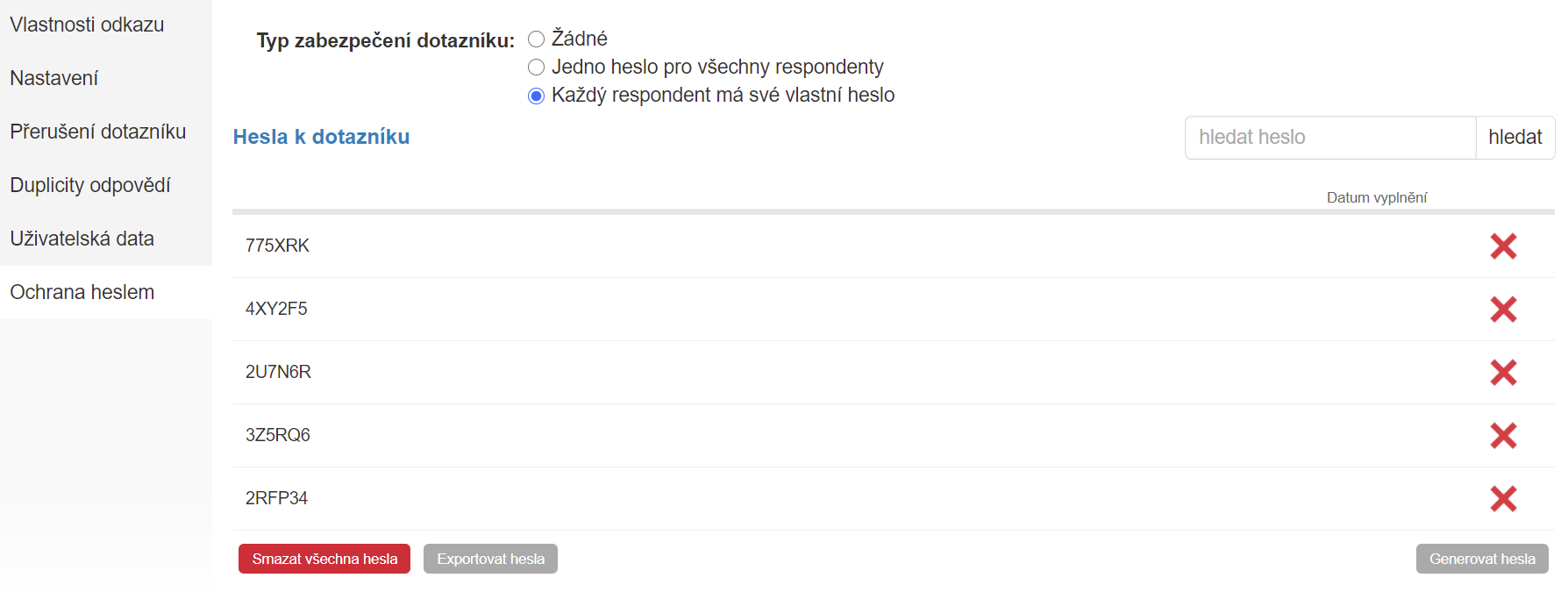 Seznam vygenerovaných přístupových hesel