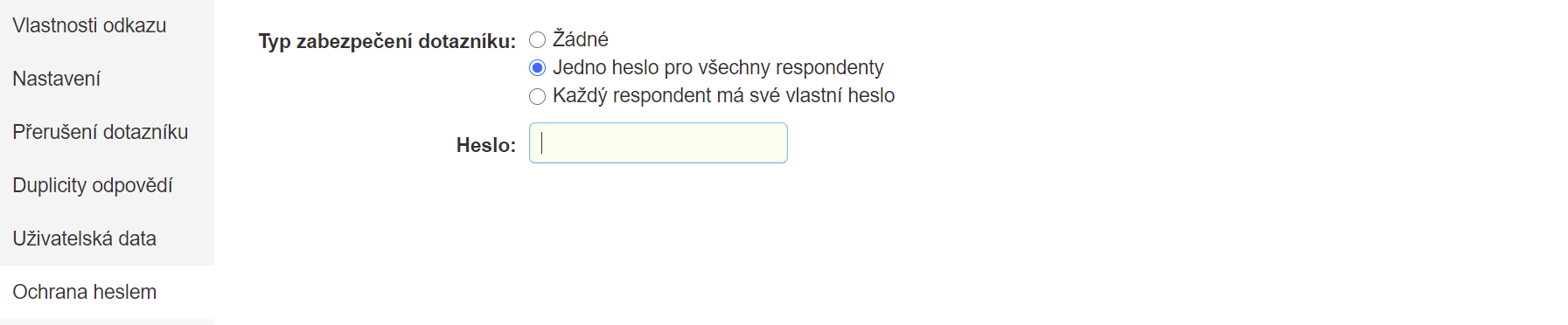 Zadání společného hesla dotazníku