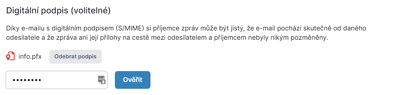 Ověření hesla k certifikátu podpisu
