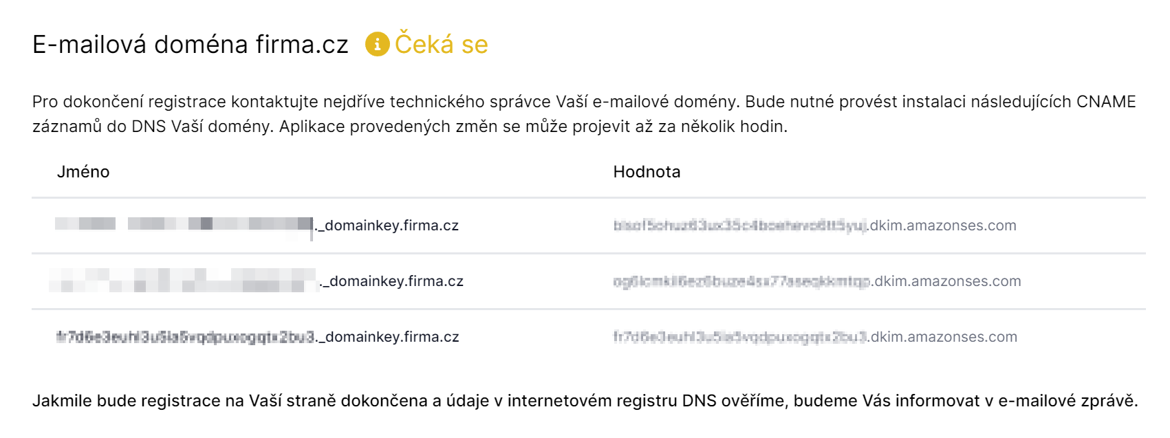 DKIM DNS záznamy pro modifikace vaší domény