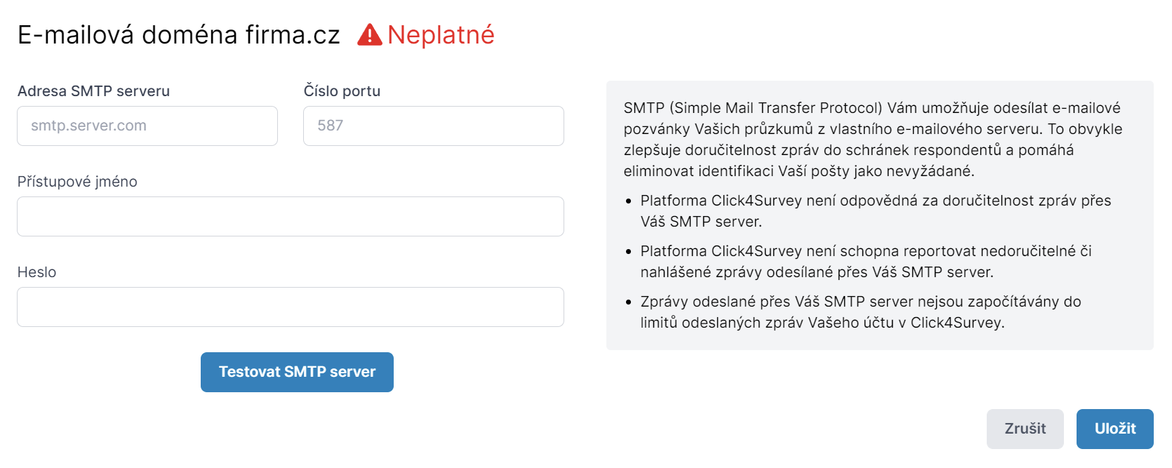 Nastavení parametrů vlastního SMTP serveru