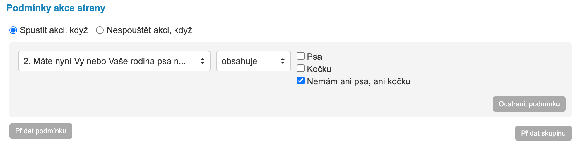 Definice podmínek pro spuštění akce strany