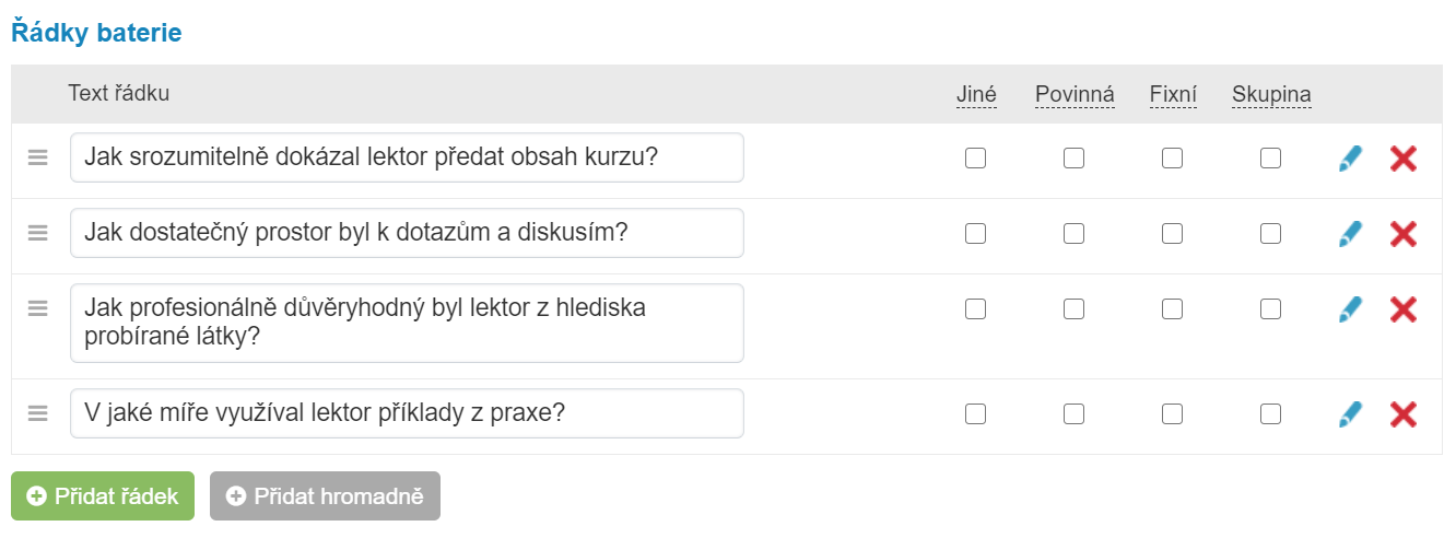 Editace řádků baterie