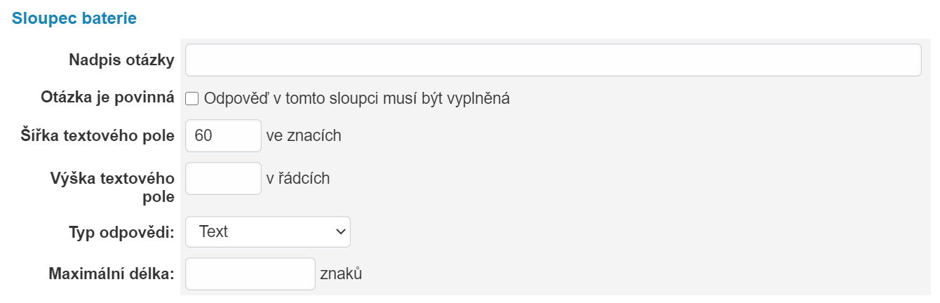 Editace možností sloupce baterie