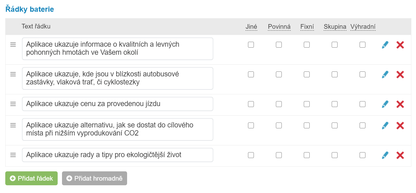 Editace řádků baterie