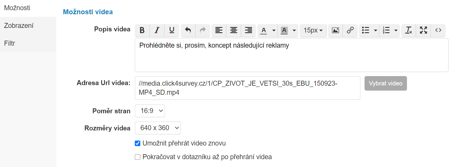 Nastavení možností privátního videa