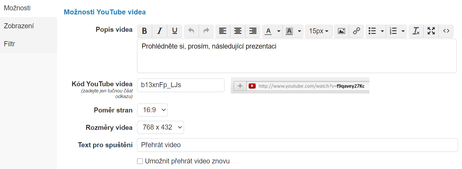 Nastavení možností YouTube videa