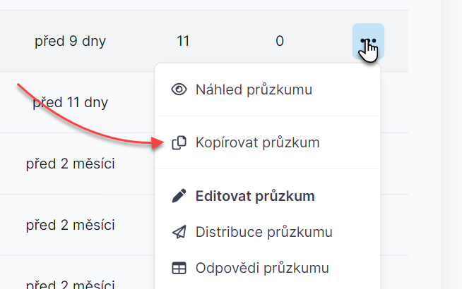 Vytvoření kopie průzkumu v seznamu průzkumů
