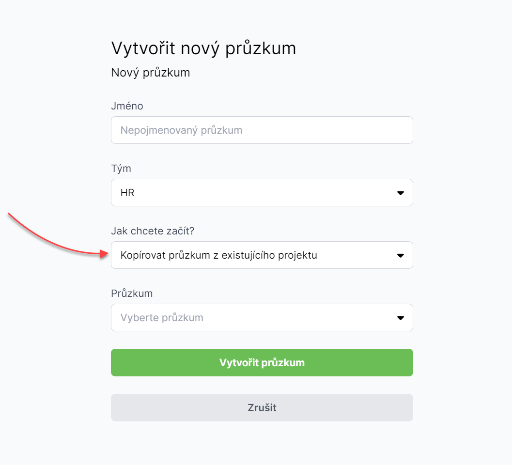 Vytvoření nového průzkumu jako kopie jiného průzkumu